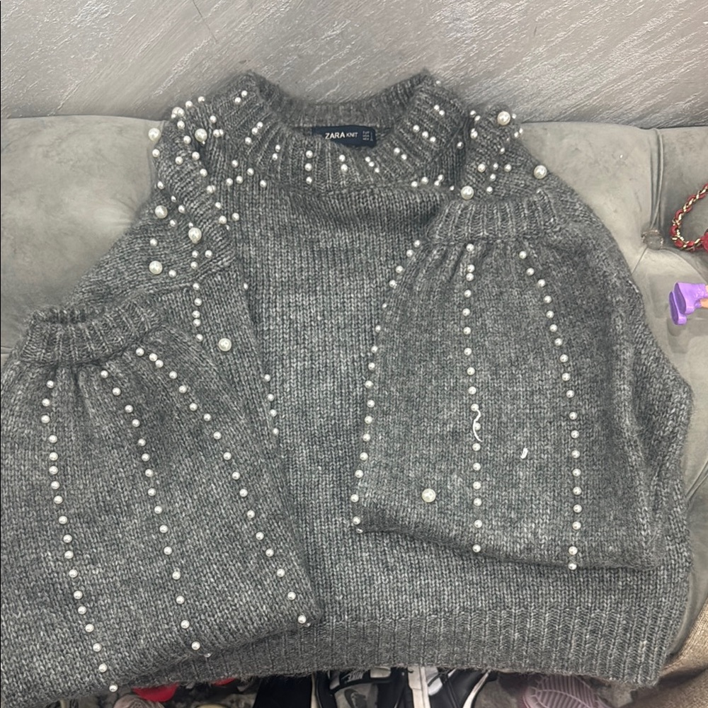 Zara Charcoal Pearl-Studded Turtleneck Sweater